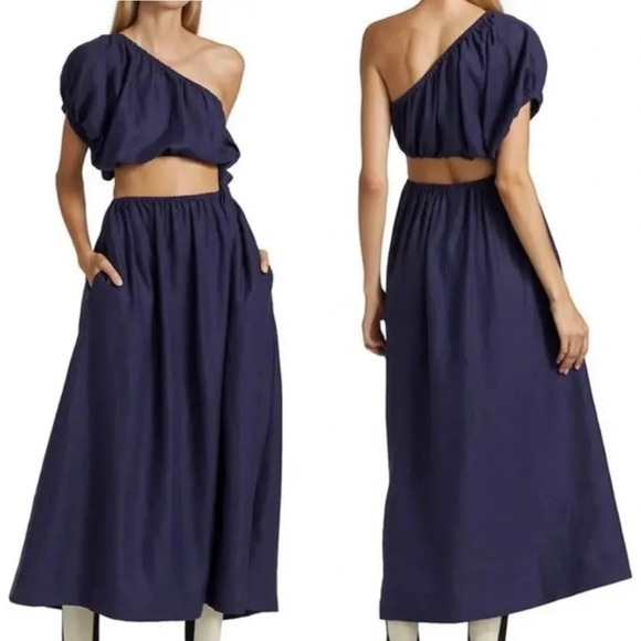 Farm Rio one shoulder cutout navy dress